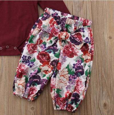 3PCS Girls Romper + Floral Pants + Headband Autumn Set