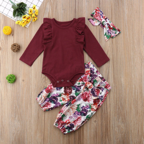 3PCS Girls Romper + Floral Pants + Headband Autumn Set