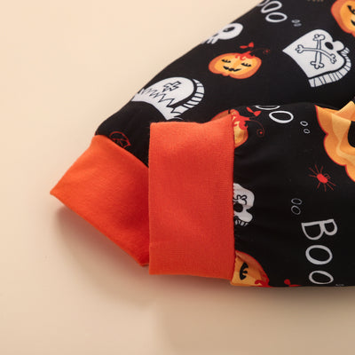 Autumn Baby Boy Orange Round Neck Long Sleeve Letter Romper Printed Black Trousers Hat Infant Children's Suit