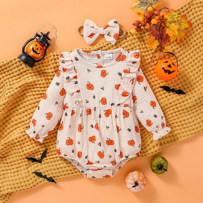 Pumpkin Ruffle Bubble Romper + Headband - Mini Made Boutique