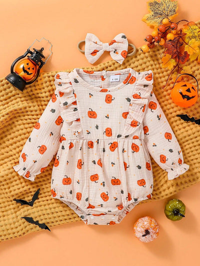 Pumpkin Ruffle Bubble Romper + Headband - Mini Made Boutique