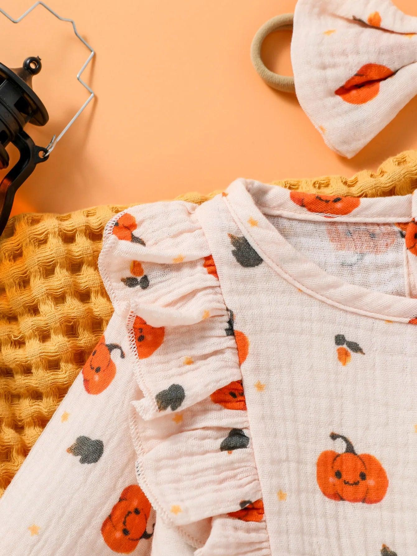 Pumpkin Ruffle Bubble Romper + Headband - Mini Made Boutique