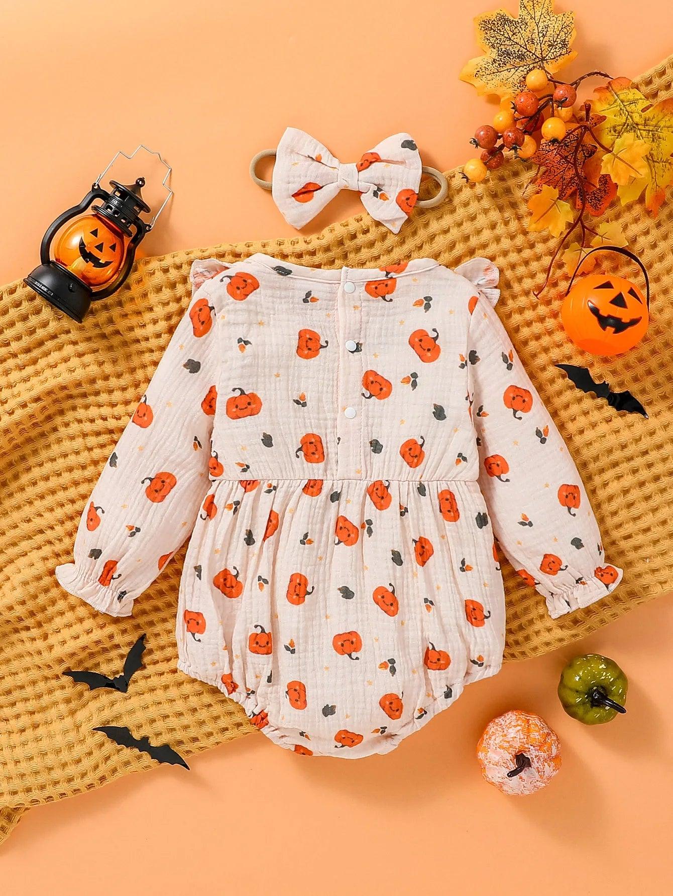 Pumpkin Ruffle Bubble Romper + Headband - Mini Made Boutique