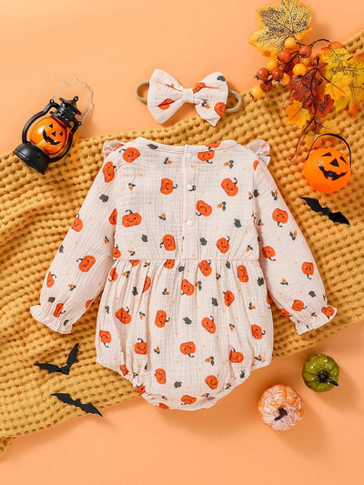 Pumpkin Ruffle Bubble Romper + Headband - Mini Made Boutique