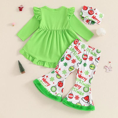 CHRISTMAS - 3Pcs Long Sleeve Dress Tops + Flare Pants + Headband Set - Mini Made Boutique