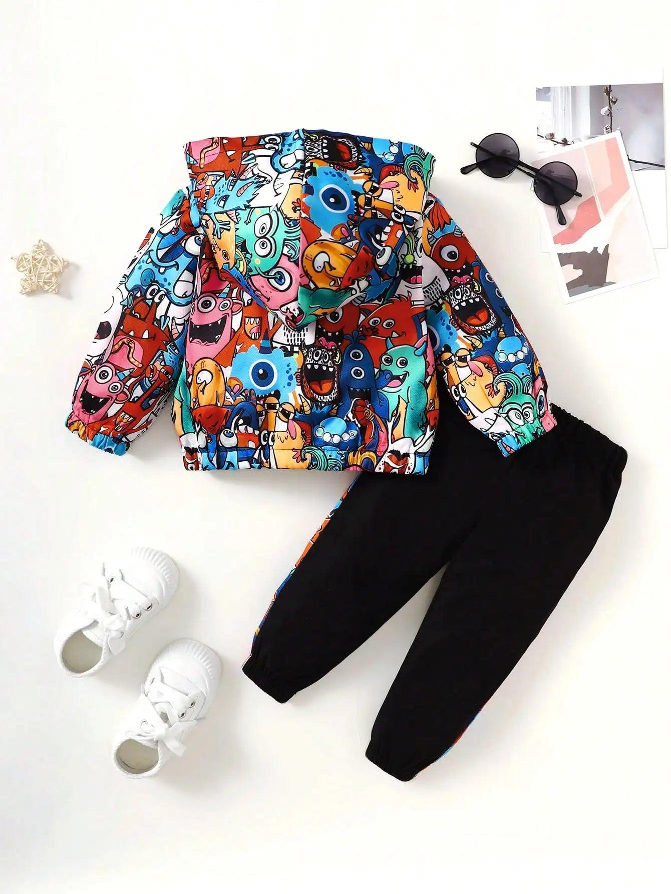 Monster Pattern Half Open Front Hoodie & Pants - Mini Made Boutique