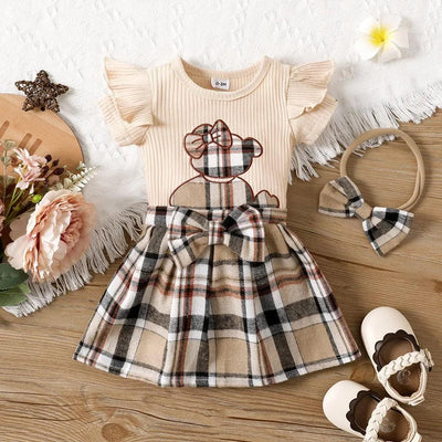 Bear Plaid Skirt Set Plus Hairband - Mini Made Boutique