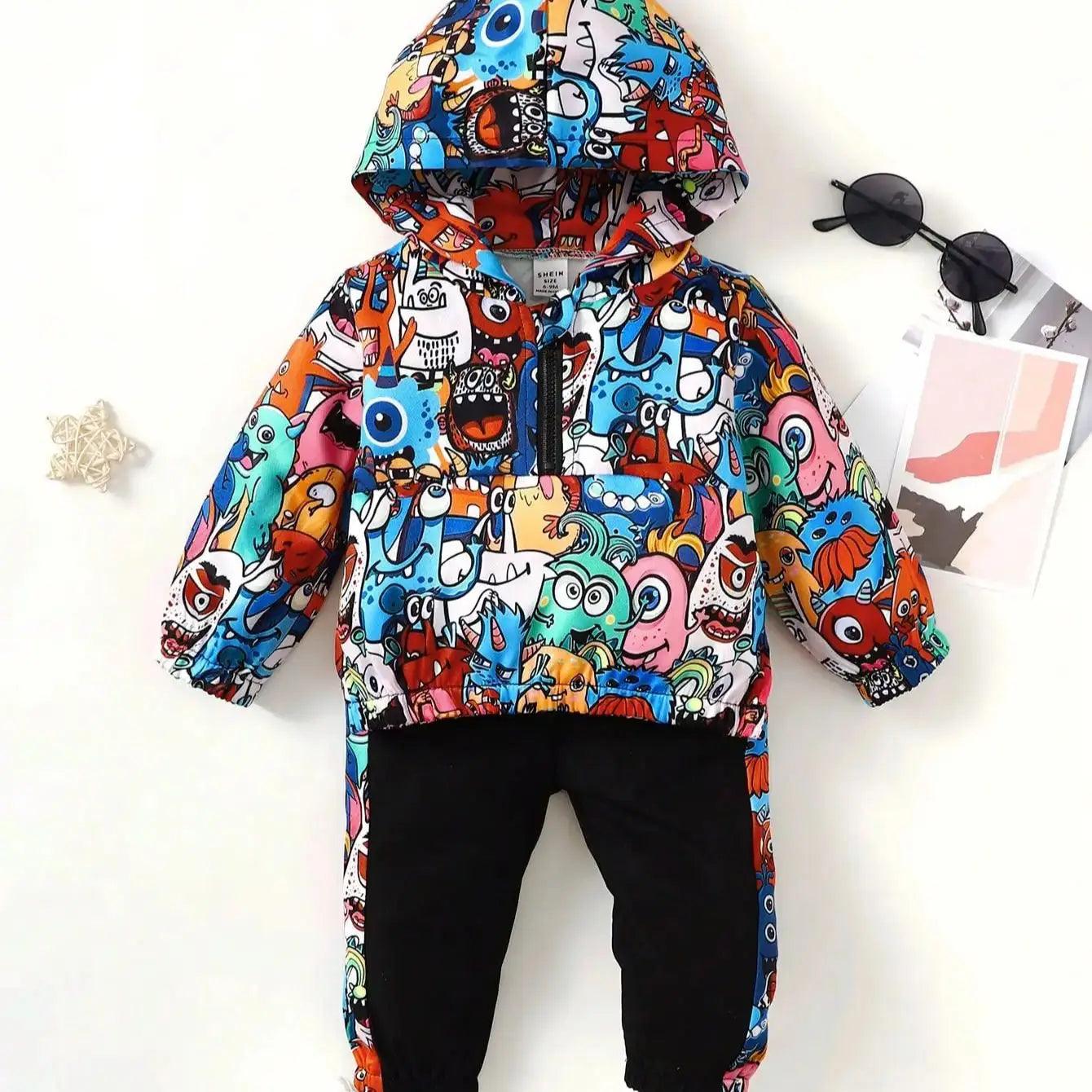 Monster Pattern Half Open Front Hoodie & Pants - Mini Made Boutique