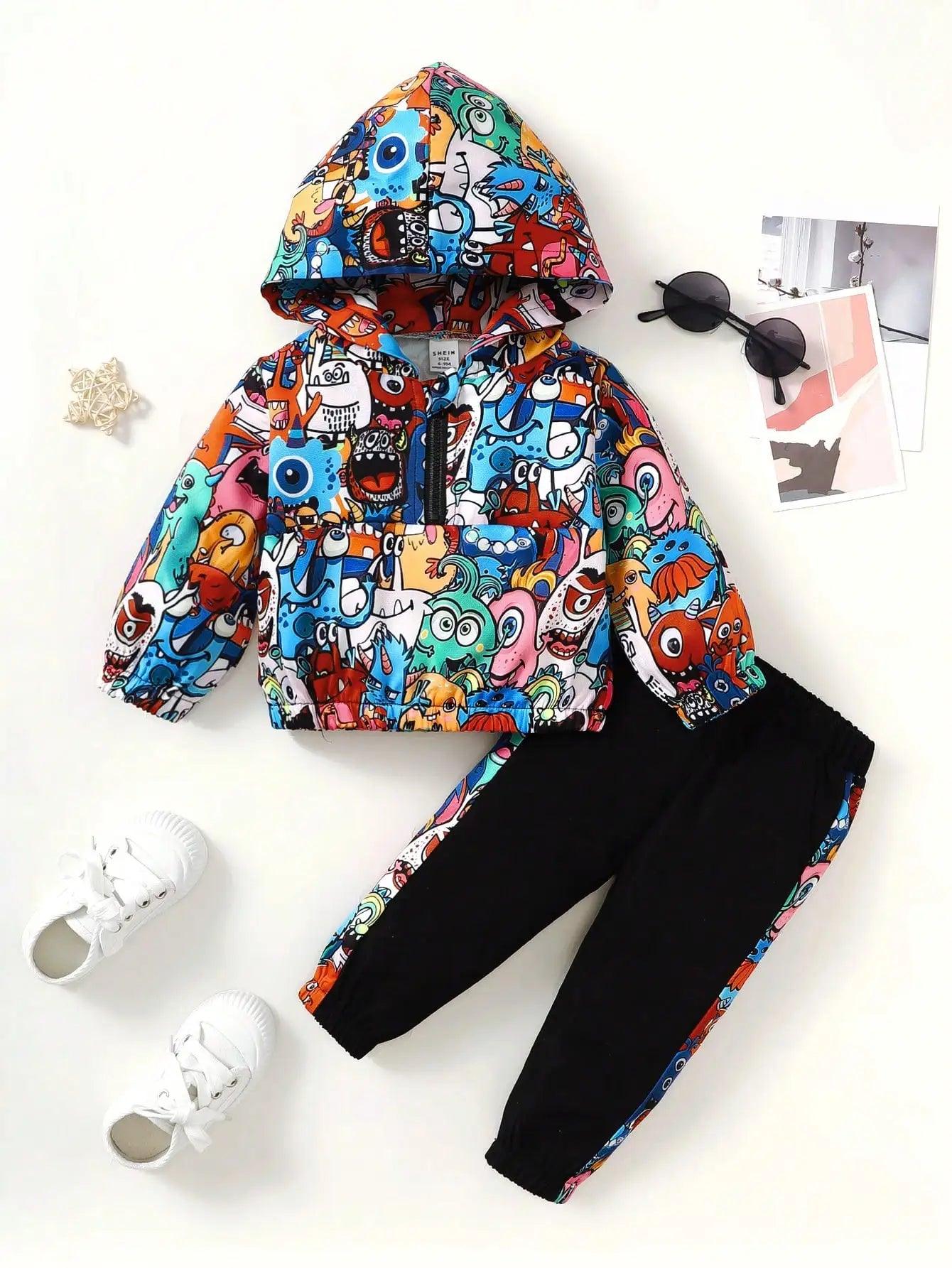 Monster Pattern Half Open Front Hoodie & Pants - Mini Made Boutique