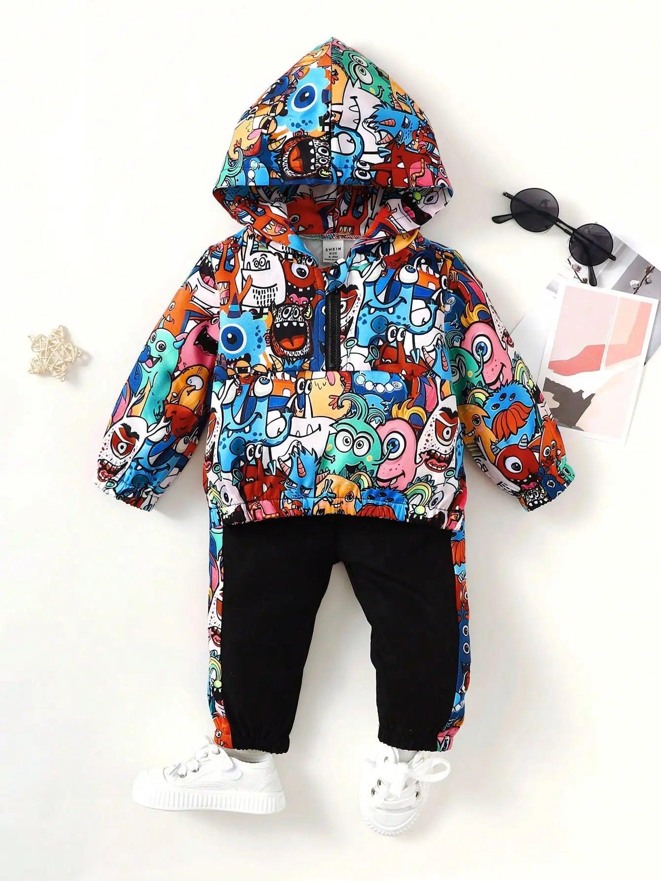 Monster Pattern Half Open Front Hoodie & Pants - Mini Made Boutique