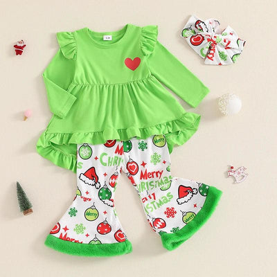 CHRISTMAS - 3Pcs Long Sleeve Dress Tops + Flare Pants + Headband Set - Mini Made Boutique