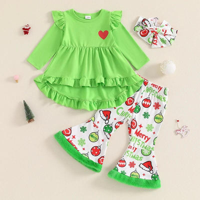 CHRISTMAS - 3Pcs Long Sleeve Dress Tops + Flare Pants + Headband Set - Mini Made Boutique