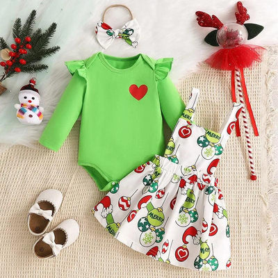 CHRISTMAS - 3pcs Jumpsuit + Balloon Strap Skirt+ Hair Band Set - Mini Made Boutique