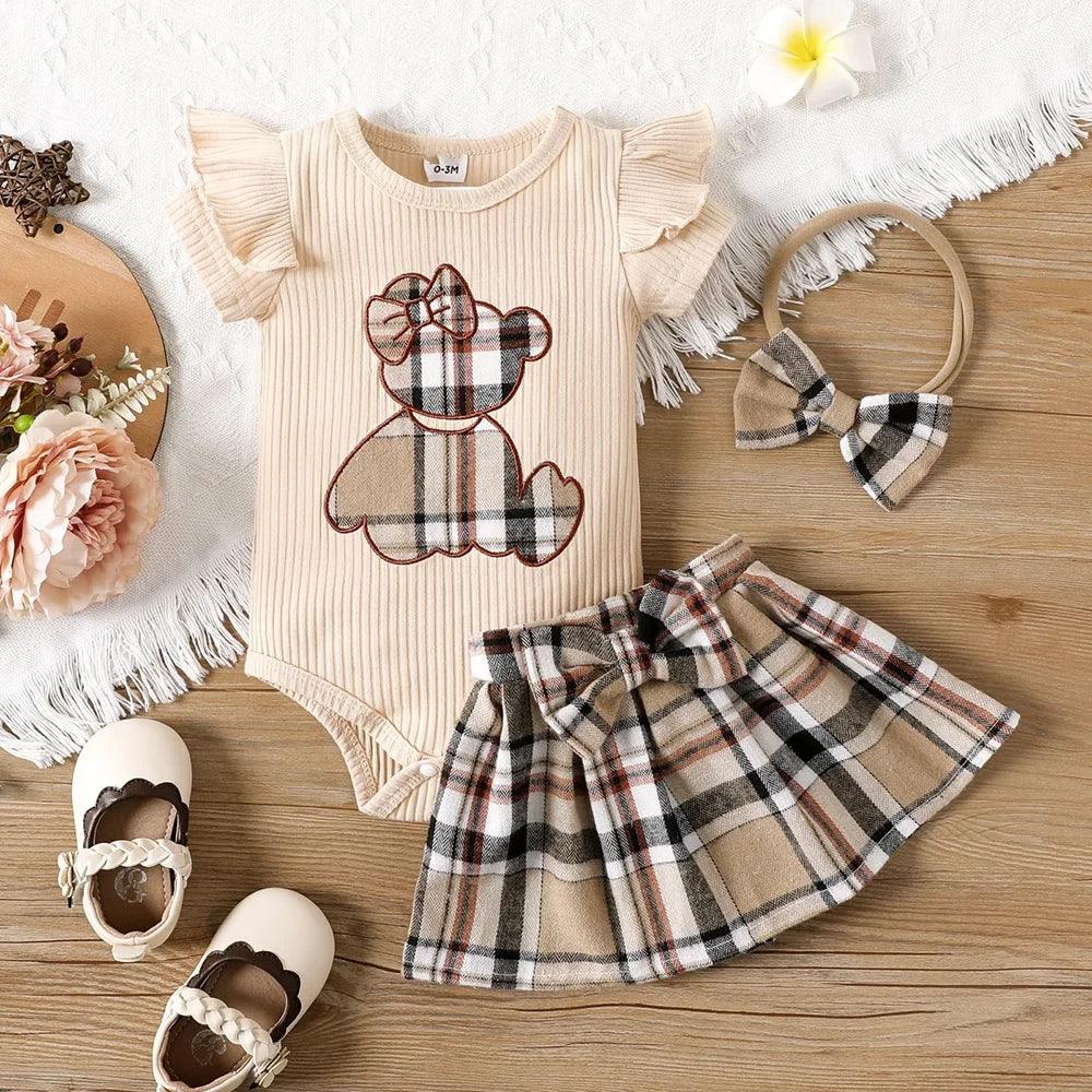 Bear Plaid Skirt Set Plus Hairband - Mini Made Boutique