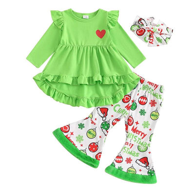 CHRISTMAS - 3Pcs Long Sleeve Dress Tops + Flare Pants + Headband Set - Mini Made Boutique