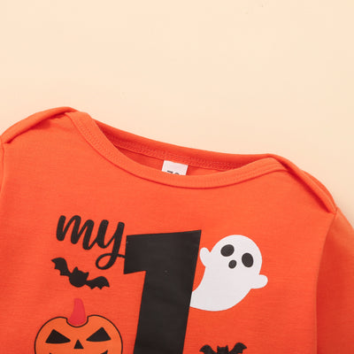 Autumn Baby Boy Orange Round Neck Long Sleeve Letter Romper Printed Black Trousers Hat Infant Children's Suit